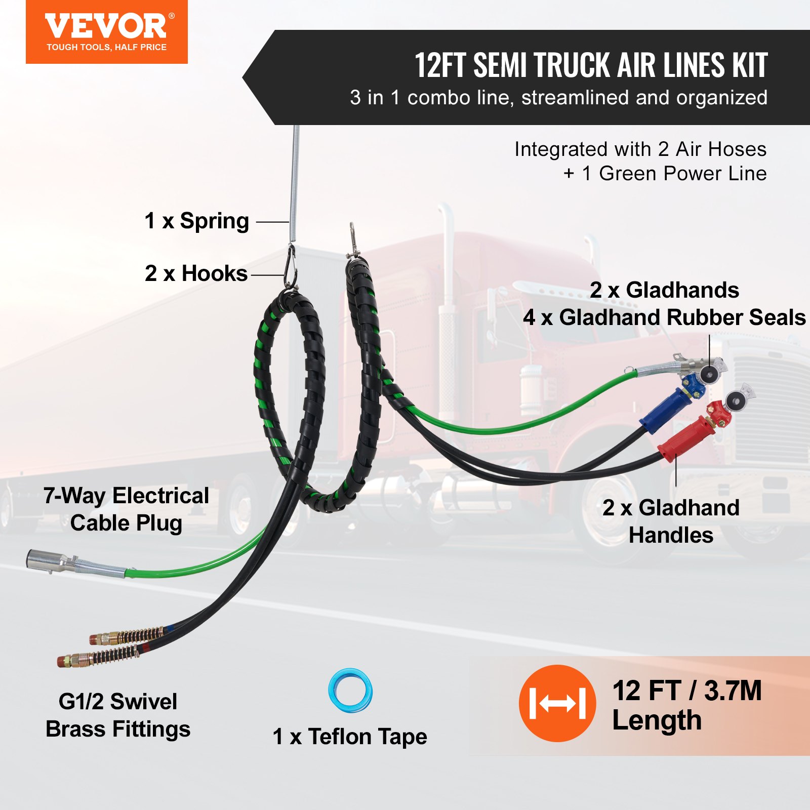 15ft Semi Truck Air Lines Kit With 2pcs Glad Hands, 3 In 1 Air