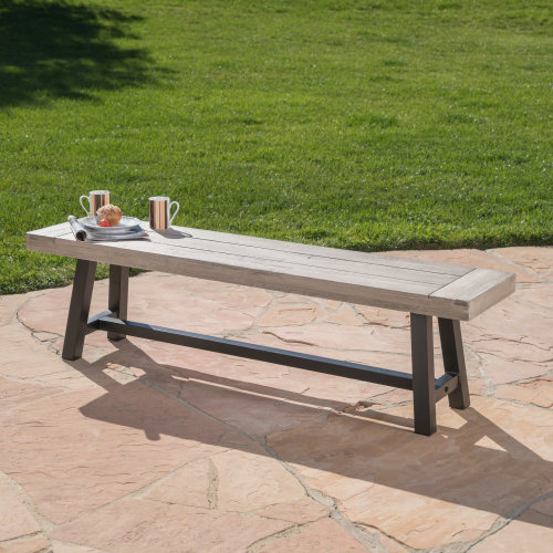 Light Grey Sandblast Finish Acacia Wood Dining Bench With Black
