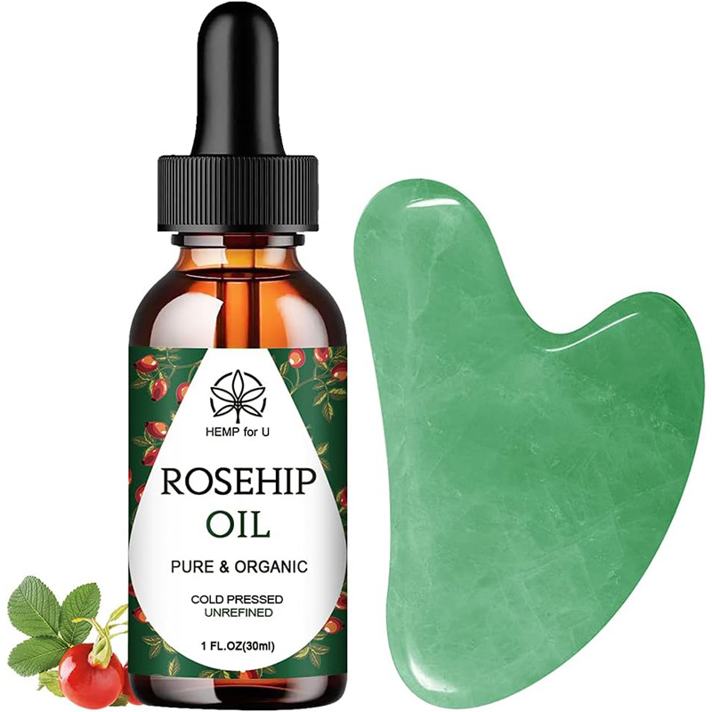 Gua Sha Massage Tools & Rosehip Oil In One Set, Nature Jade
