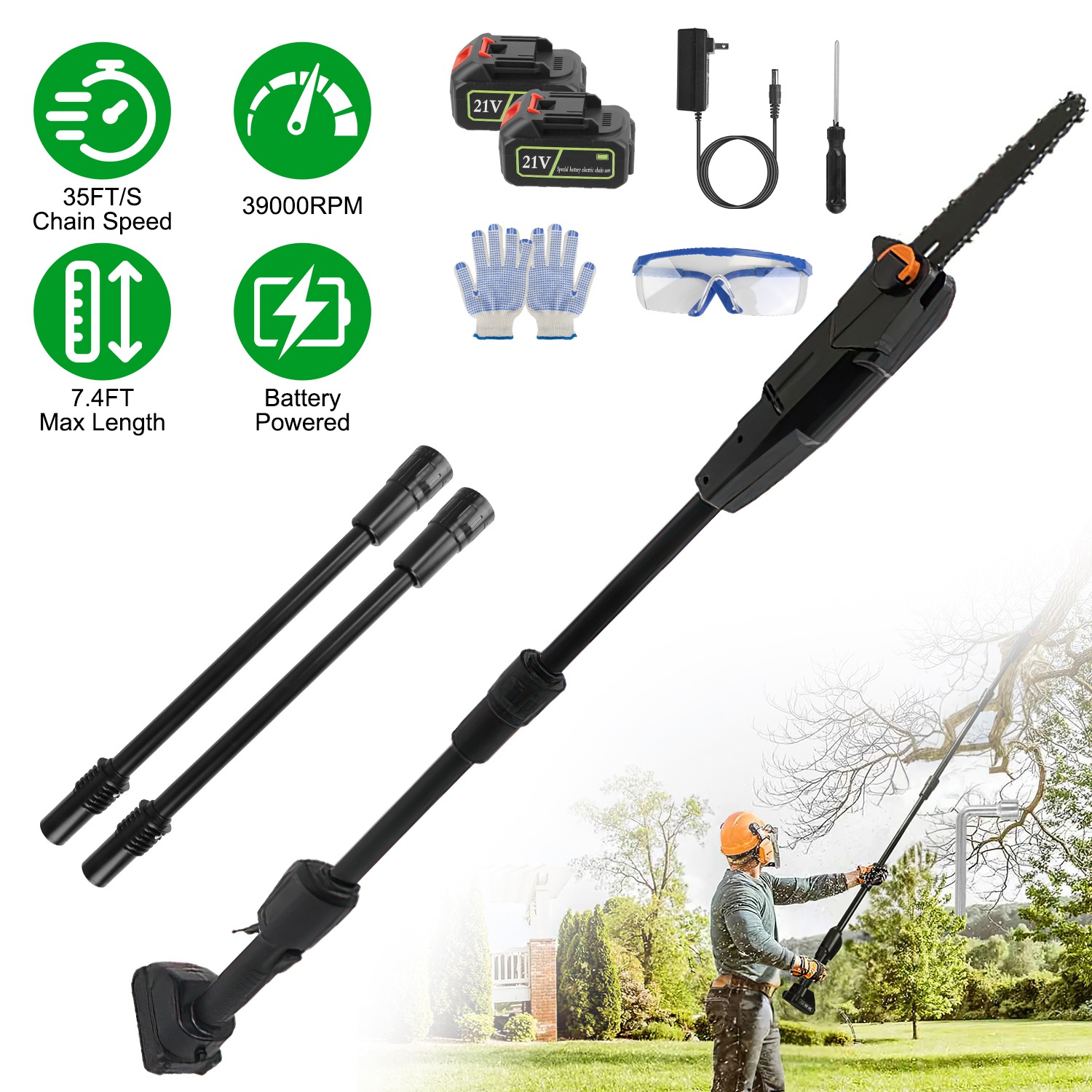 1set 6in Cordless Pole Saw 7.4ft Maximum Extendable Length 35ft