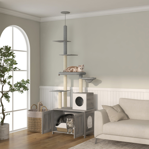 Pawhut Cat Tree With Litter Box Enclosure, 2 In 1 Floor To