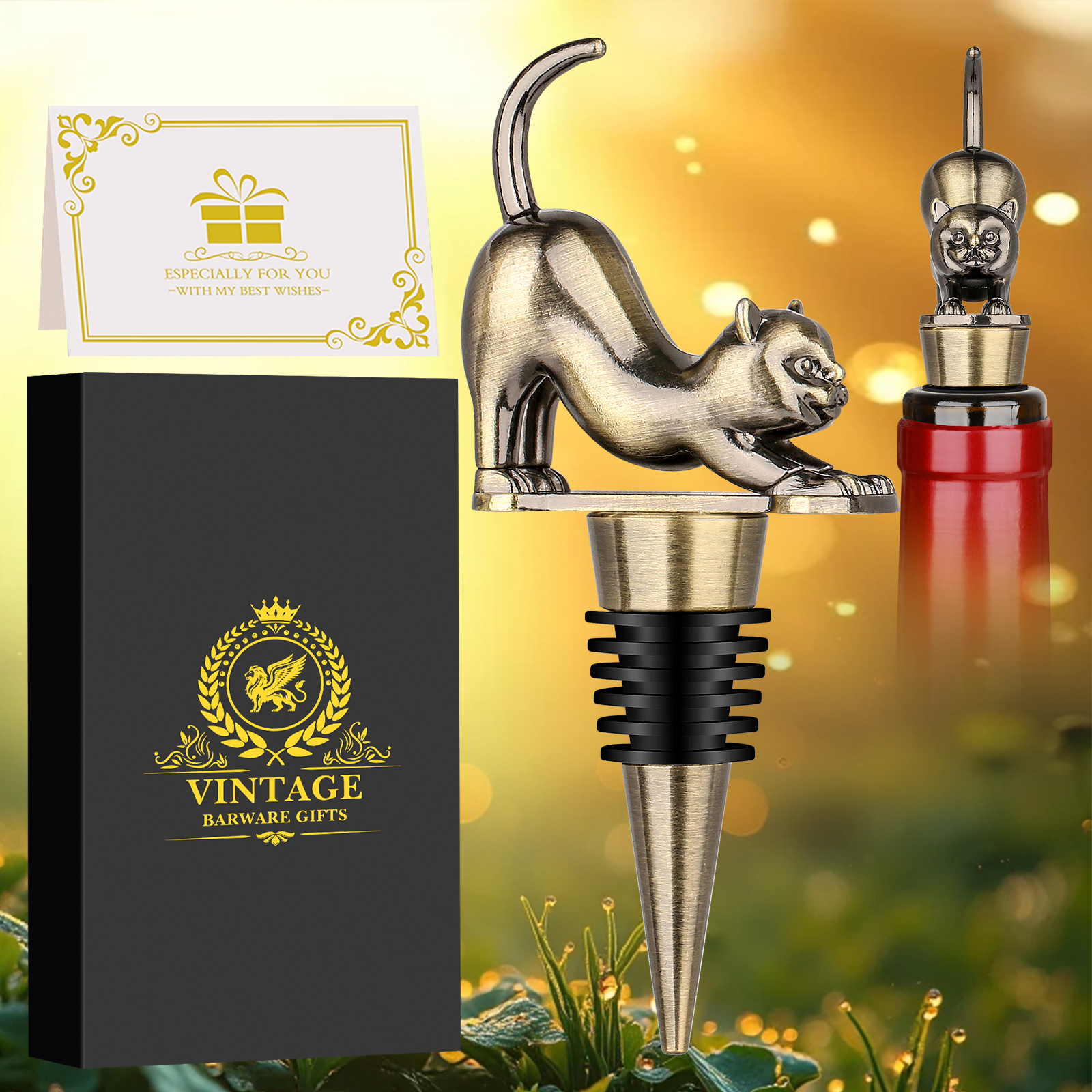 Elegant Upturned Cat Shaped Red Wine Stopper Set With Metallic