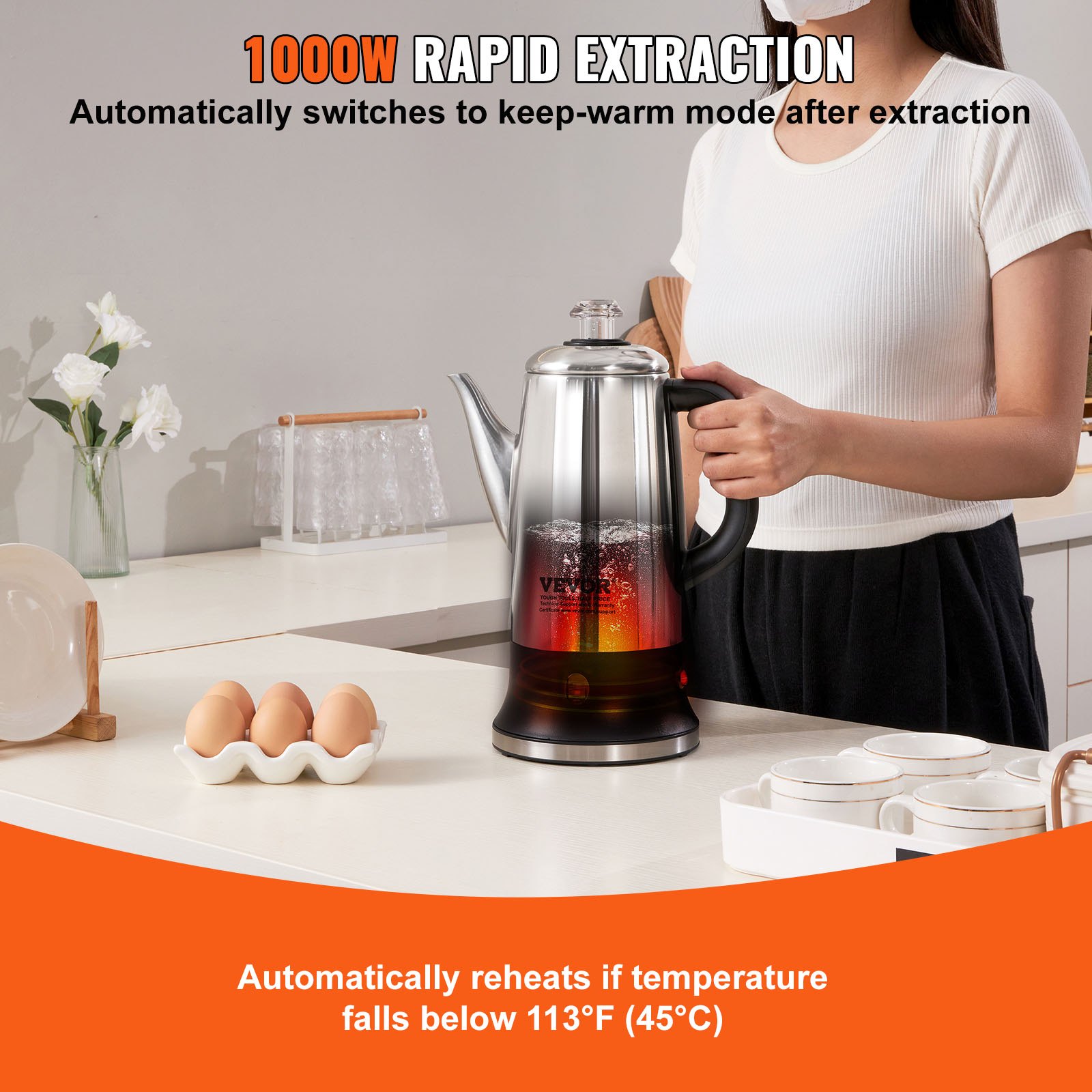 12 Cup Electric Percolator Coffee Pot, 304 Stainless Steel