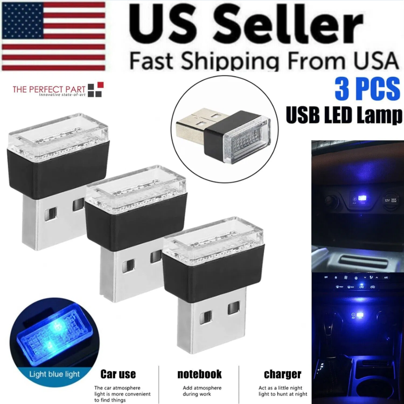 3x Mini Blue Led Usb Car Interior Light Neon Atmosphere Ambient