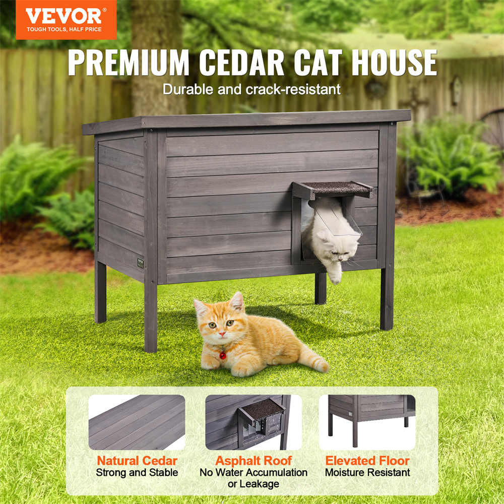 Outdoor Cat House Wooden Feral Cat Shelter With Roof & Pvc Door