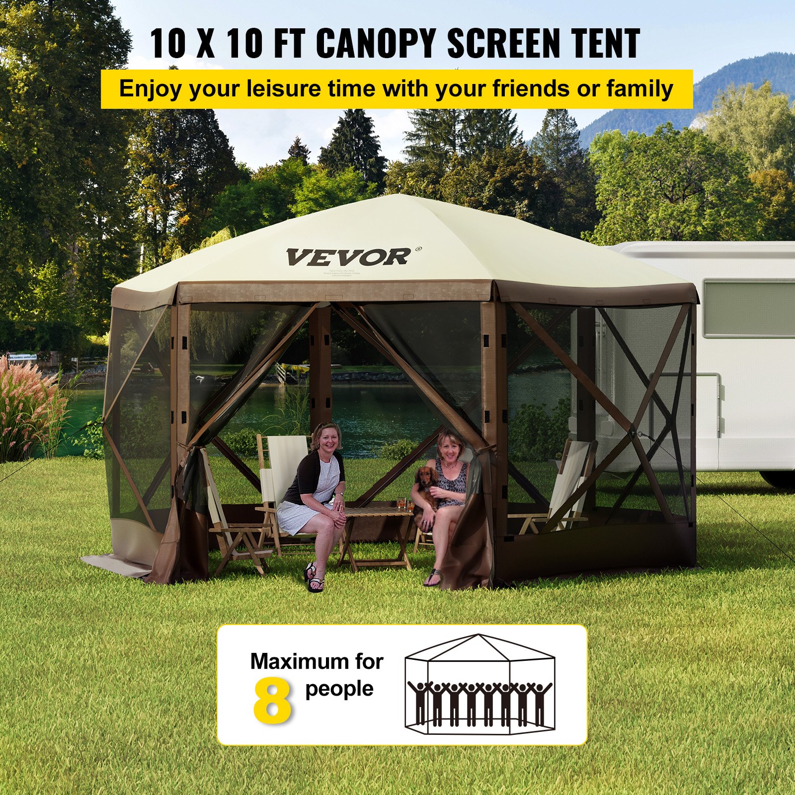 Camping Gazebo Tent, 6 Sided Pop Up Canopy Screen Tent For 8