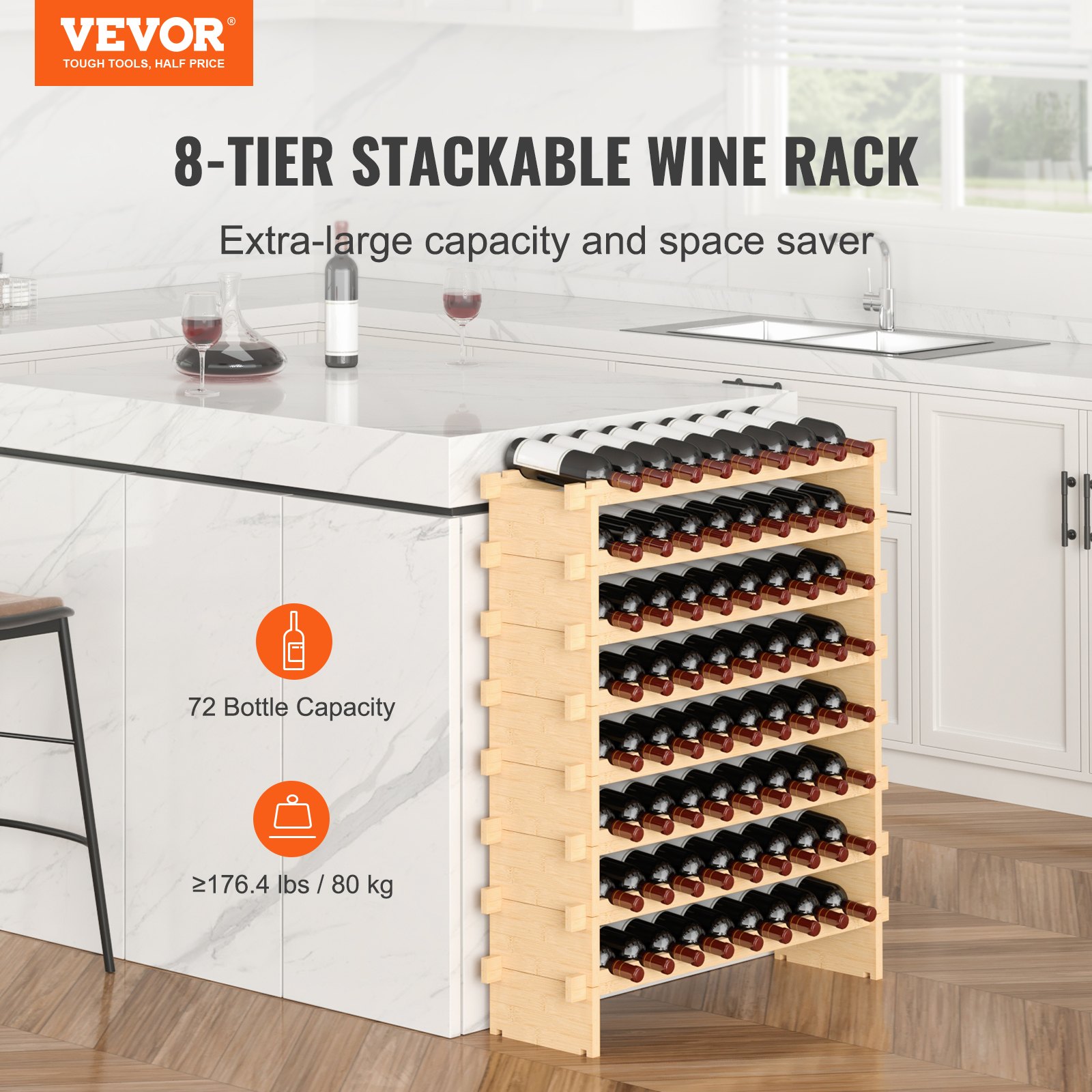 72 Bottle Stackable Modular Wine Rack Bamboo Wood Display Shelf