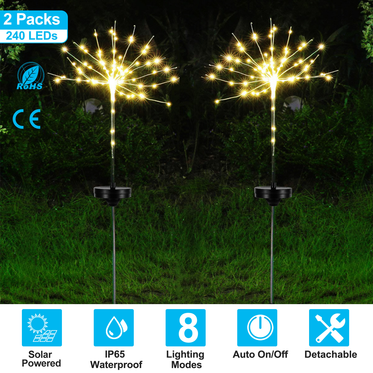 2pcs Solar Powered Starburst Lights 240 Leds Firework Lamp