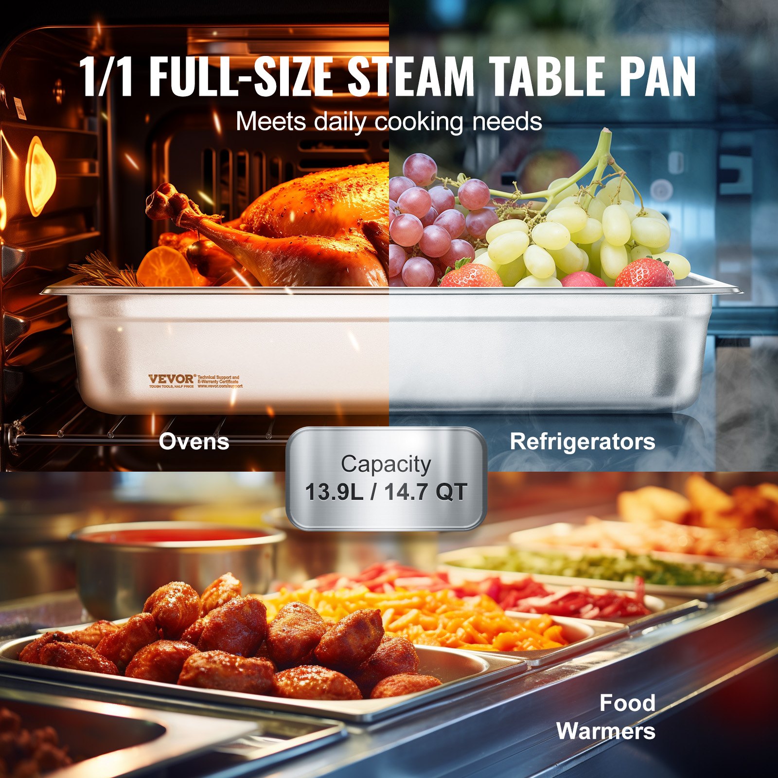 6 Pack Hotel Pans, Full Size Anti Jam Steam Pan, 0.8mm Thick