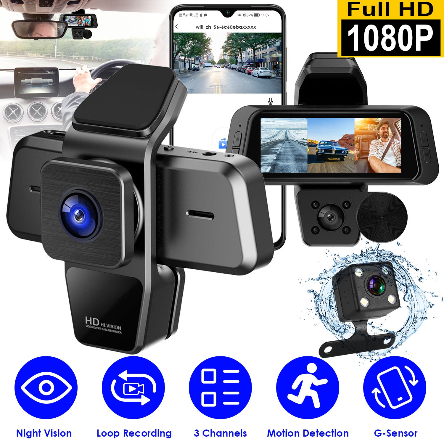 1080p Fhd 3 Channel Wifi Dash Cam 170 Degree Wide Angle Triple