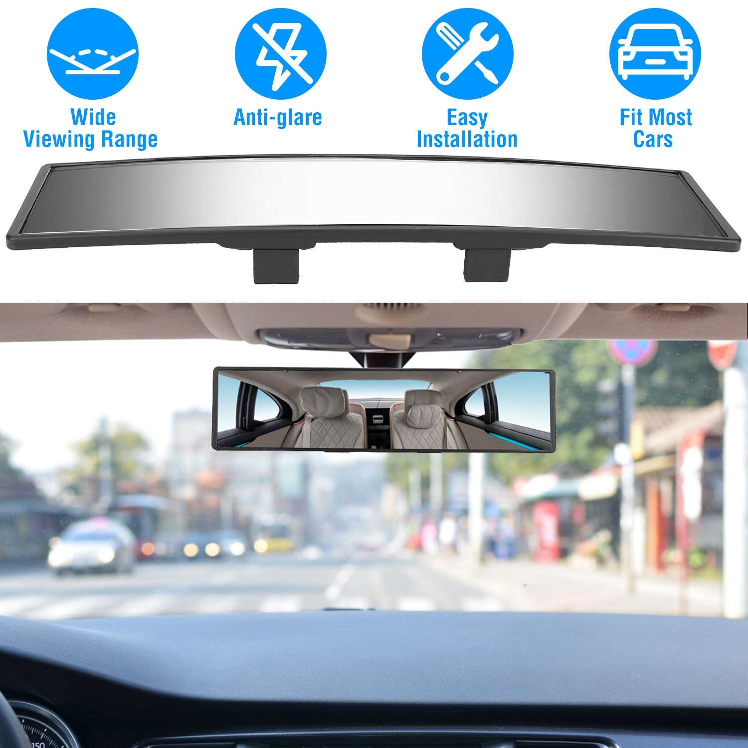 Car Rearview Mirror 11.4in Interior Clip On Curve Convex