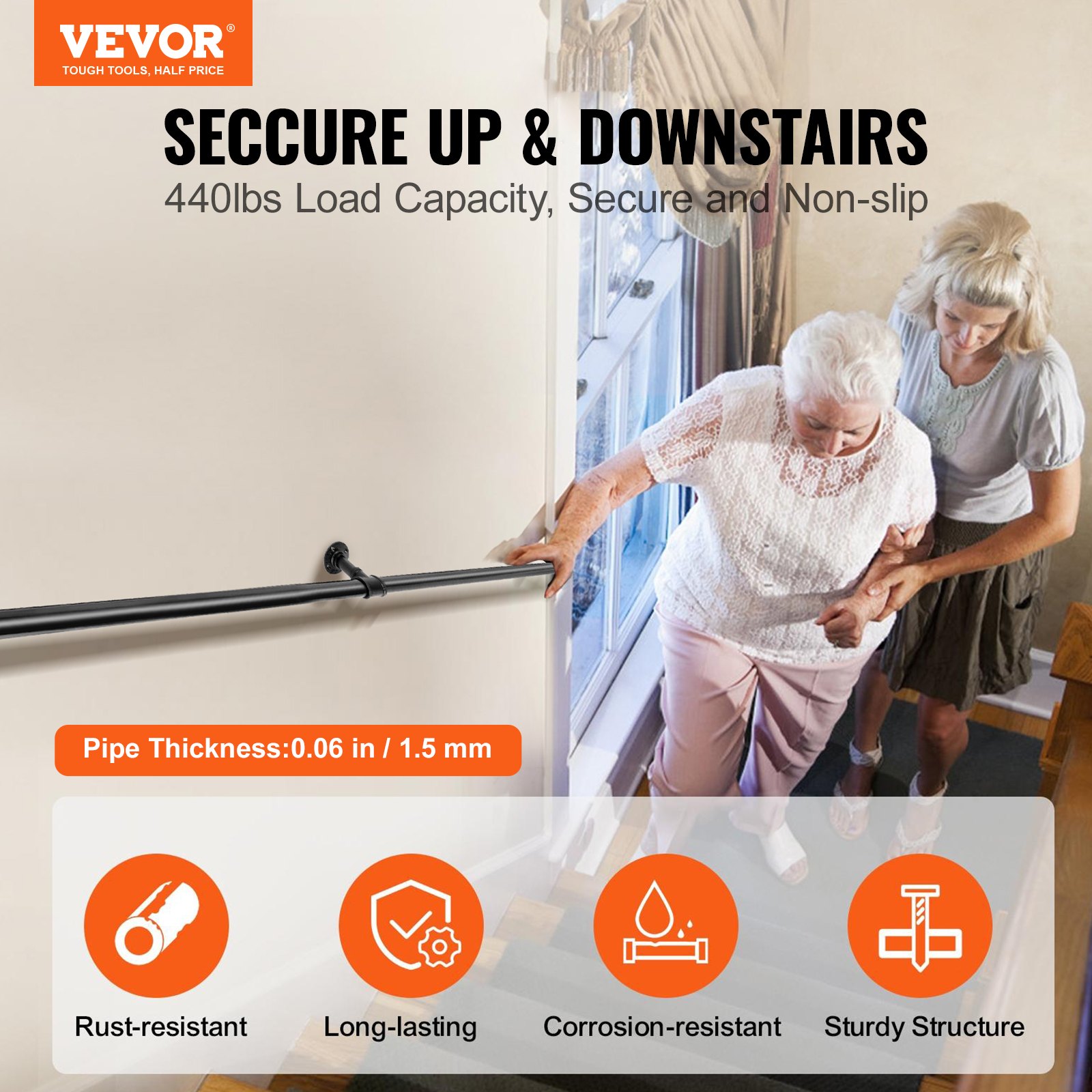 Pipe Stair Handrail, 6ft Staircase Handrail, 440lbs Load