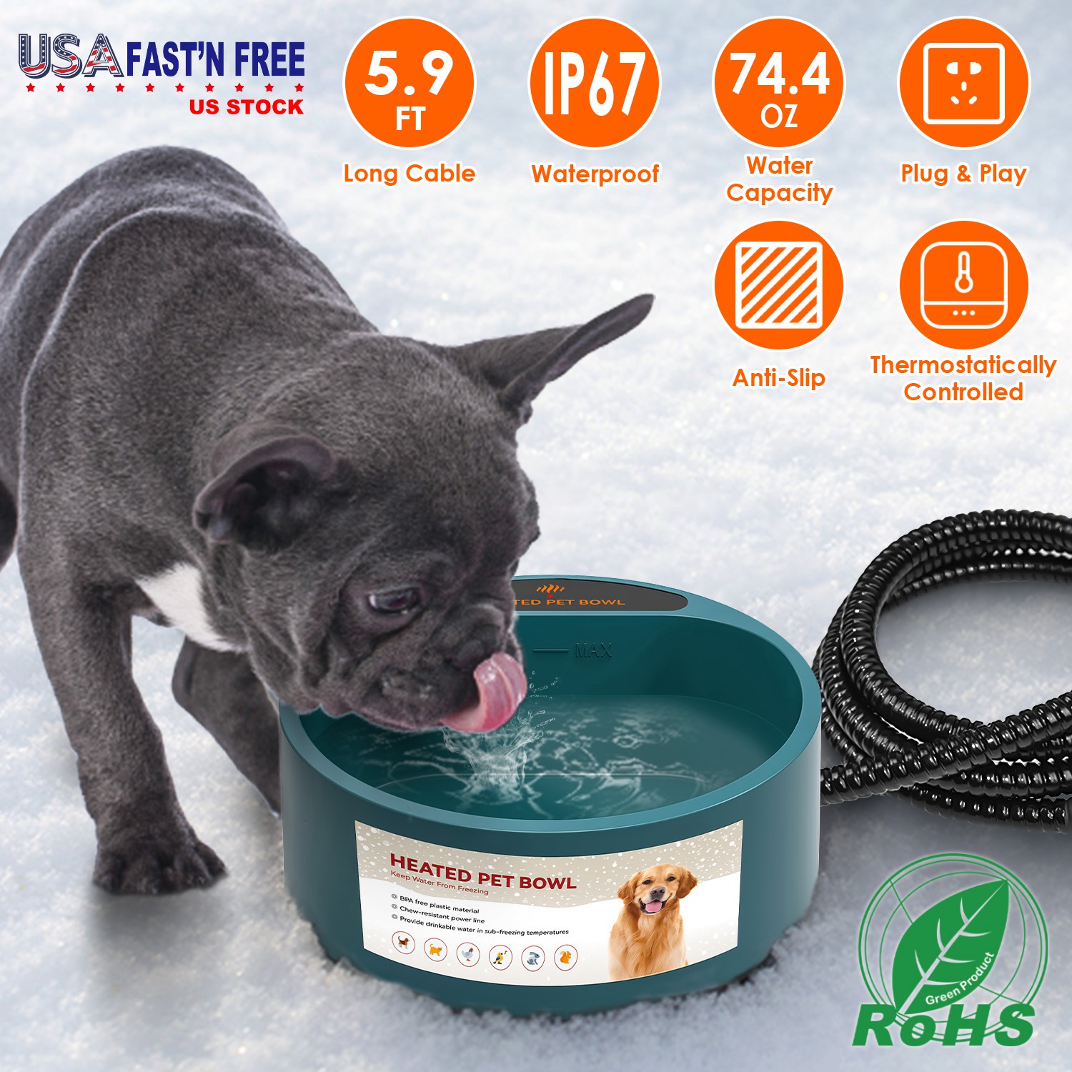 Heated Water Bowl For Dog Cat 74.4oz Heating Water Dish