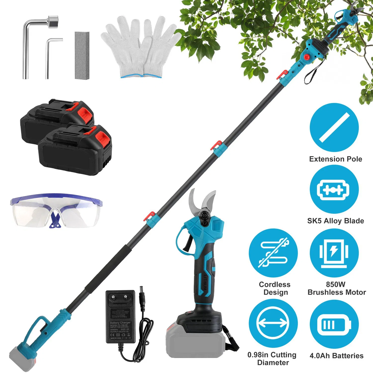 2 In 1 Electric Pruning Shear With Extension Pole 21v 4.0ah