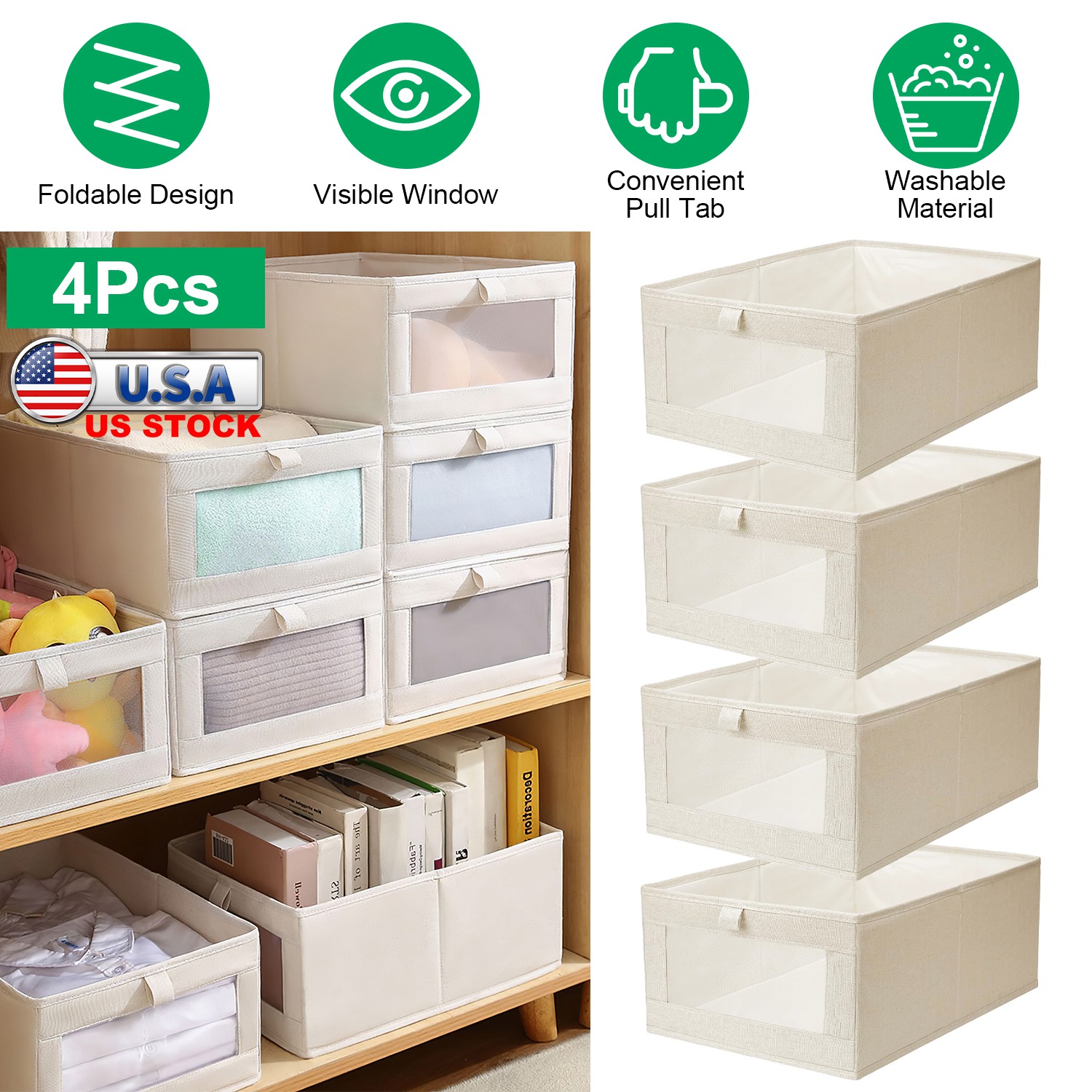 4pcs Foldable Linen Clothing Storage Bin With Visible Clear
