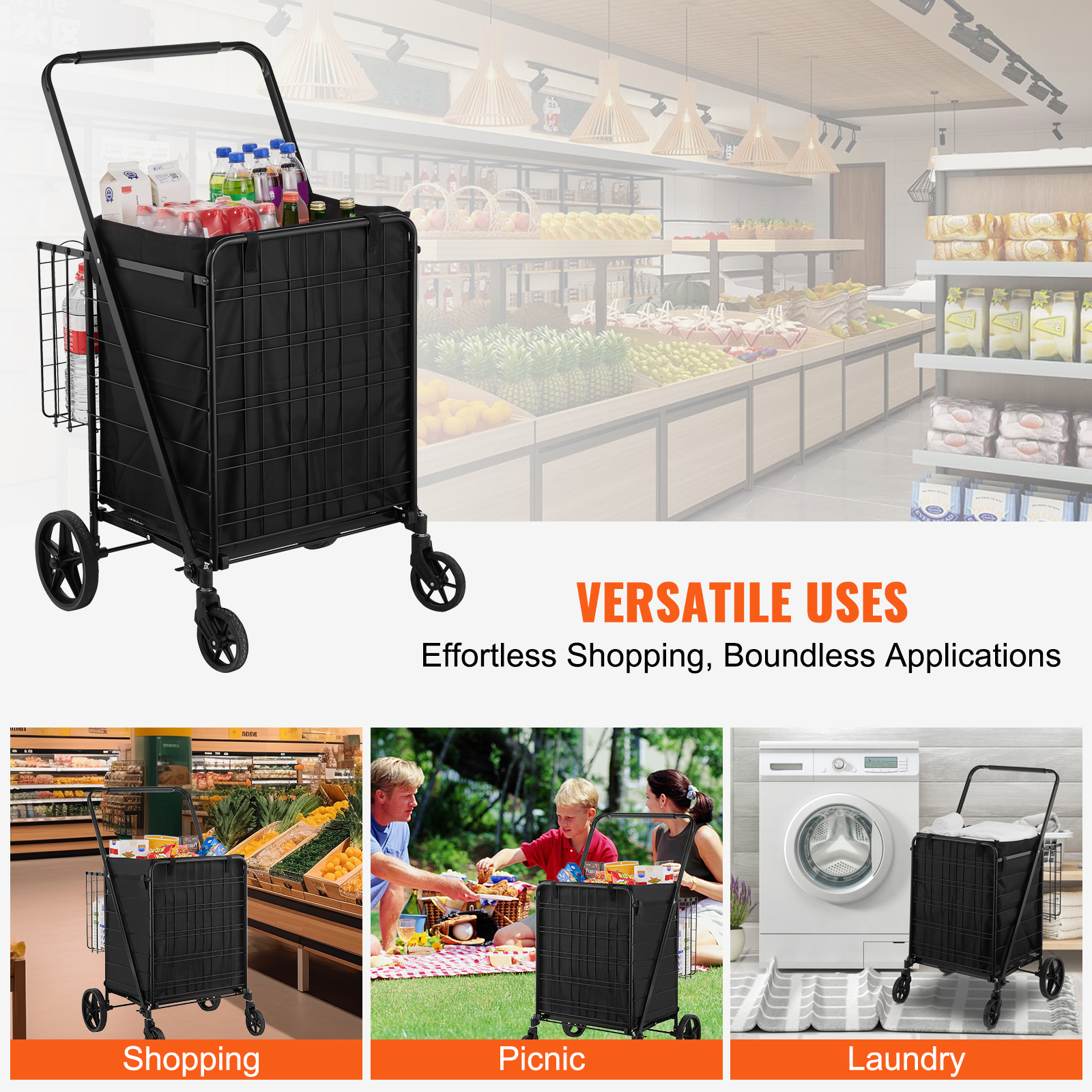 Folding Shopping Cart With Removable Waterproof Liner, 330lbs