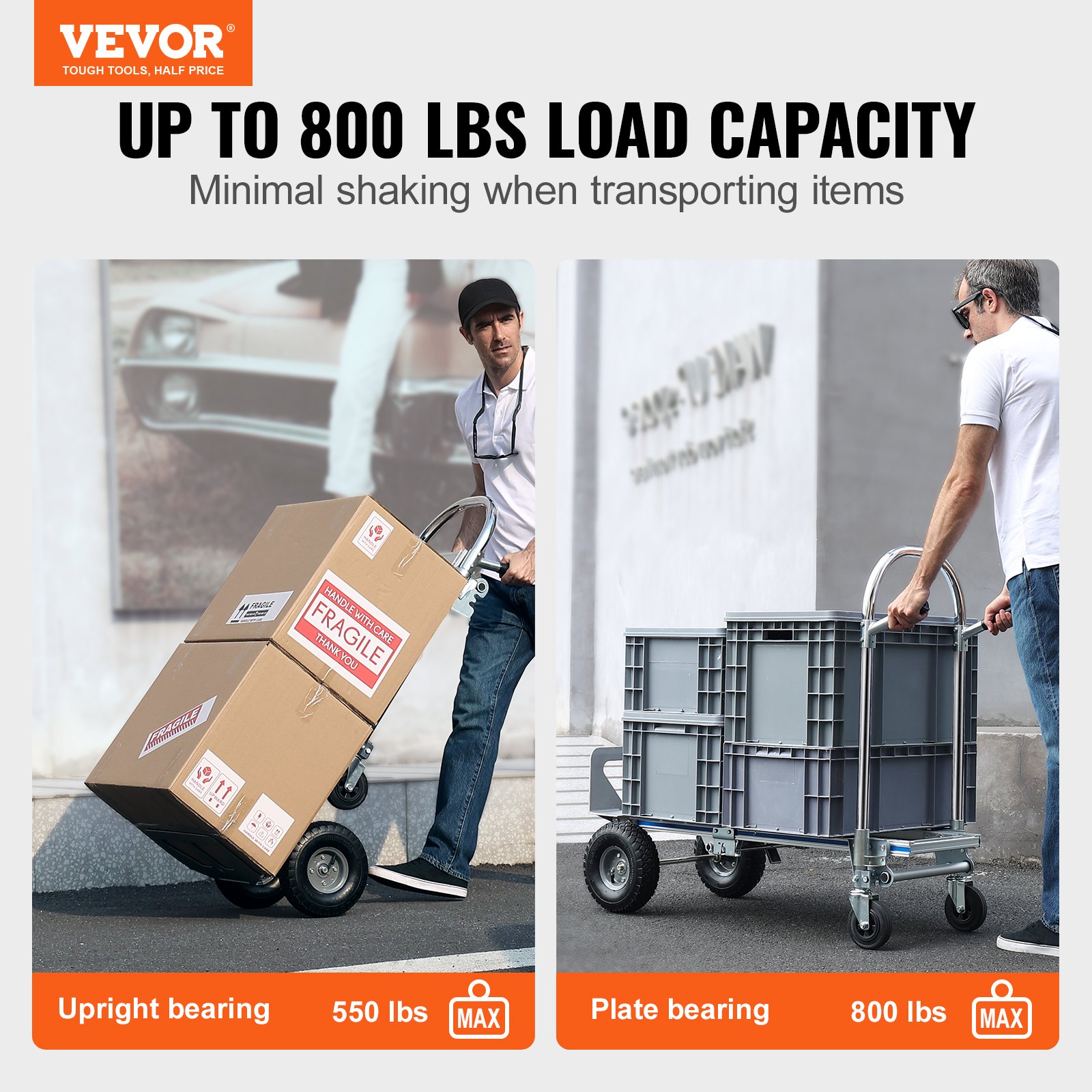 Aluminum Hand Truck, 2 In 1, 800 Lbs Load Capacity, Heavy Duty