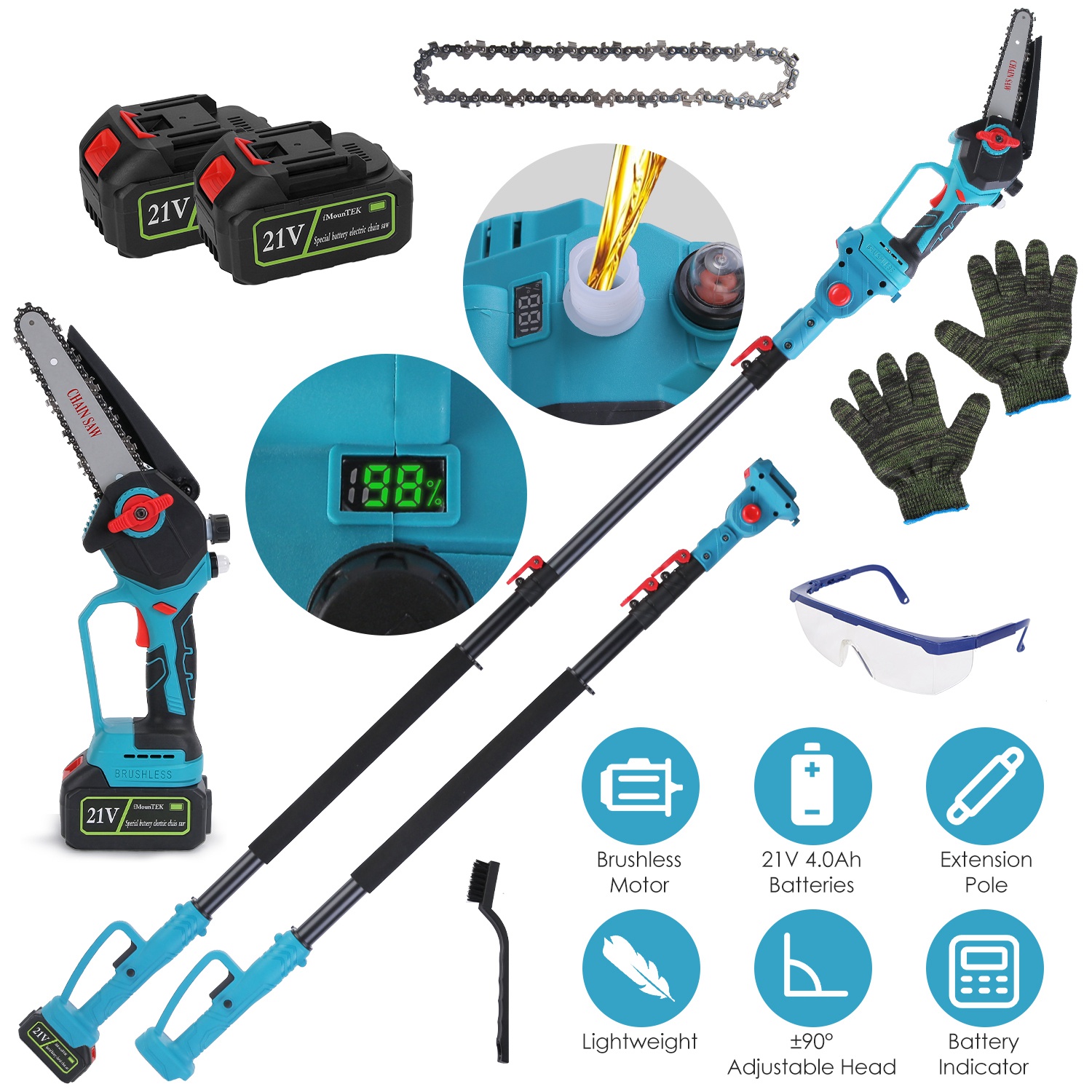 Cordless Pole Saw And Mini Chainsaw With Extension Pole 21v
