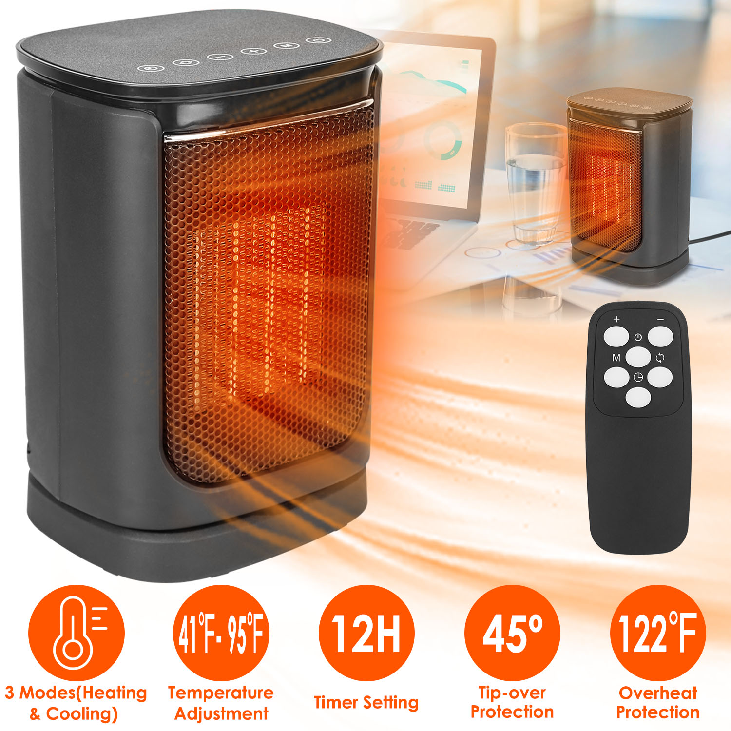 1500w Electric Space Heater Ceramic Heater Fan 90 Degree