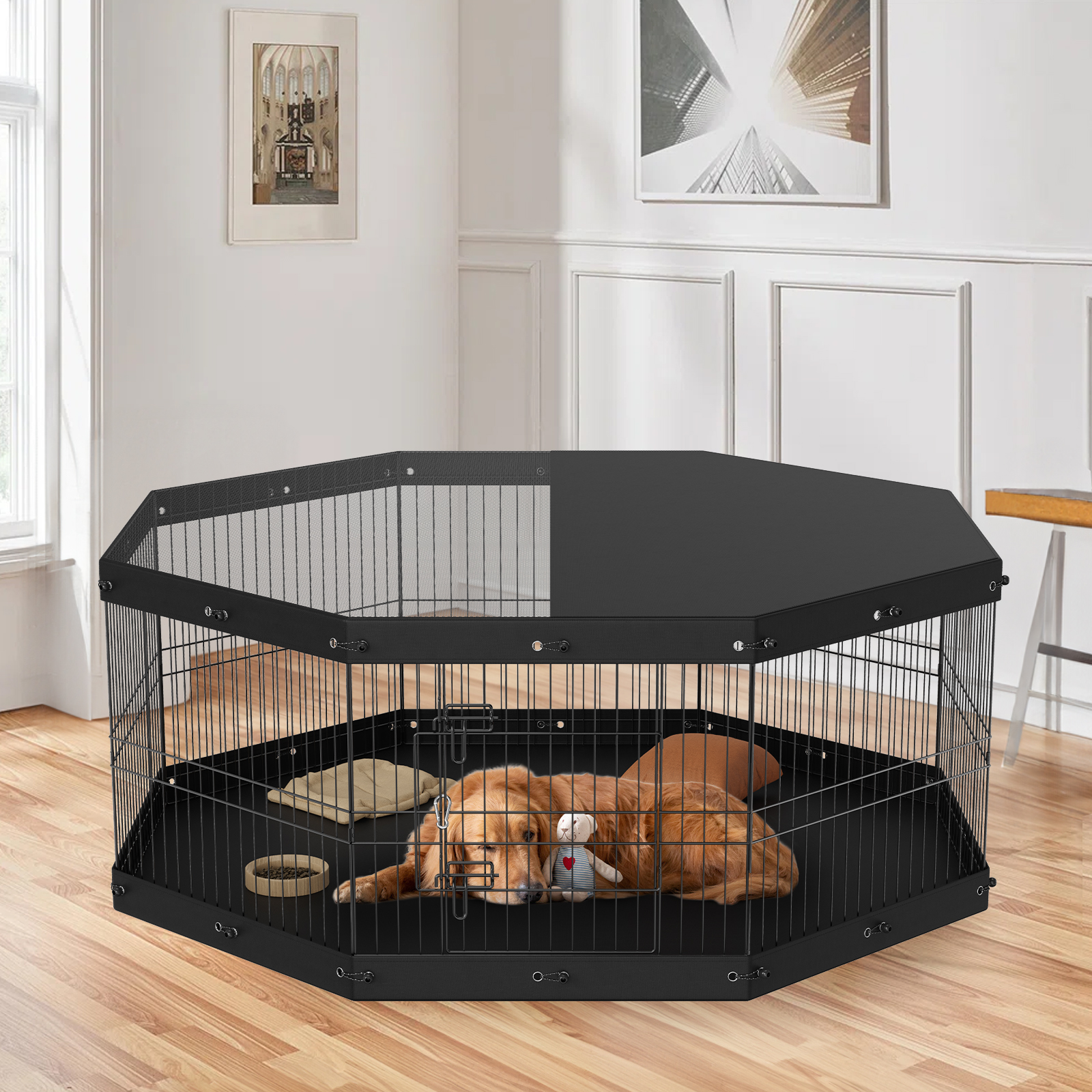 Dog Playpen, 8 Panels Foldable Metal Dog Exercise Pen With Top