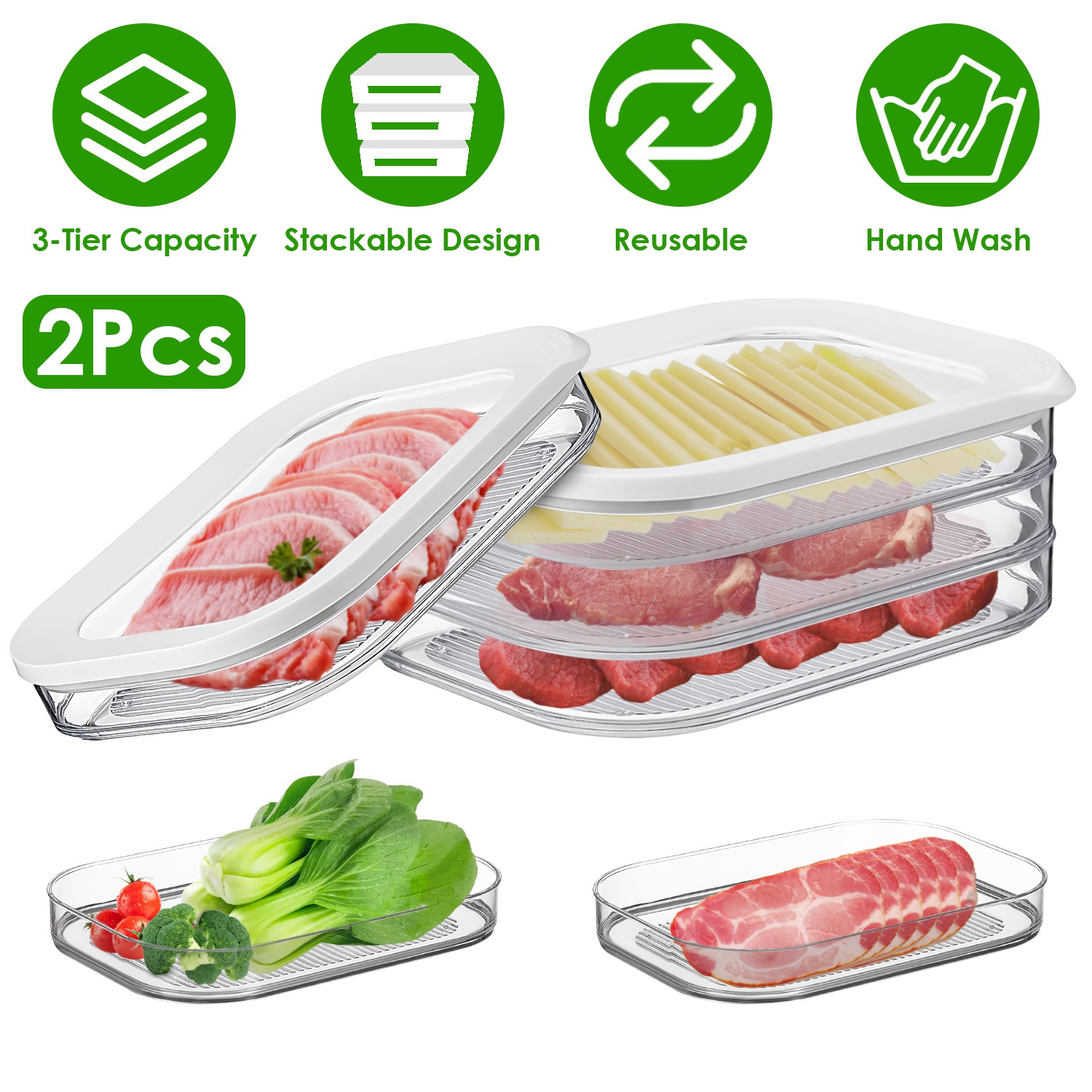 2pcs Deli Meat Container With Lid For Fridge Stackable Bacon