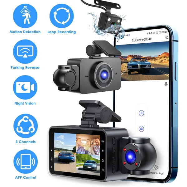 Wifi Fhd 1080p 3 Channel Car Dash Cam Front Rear Inside With