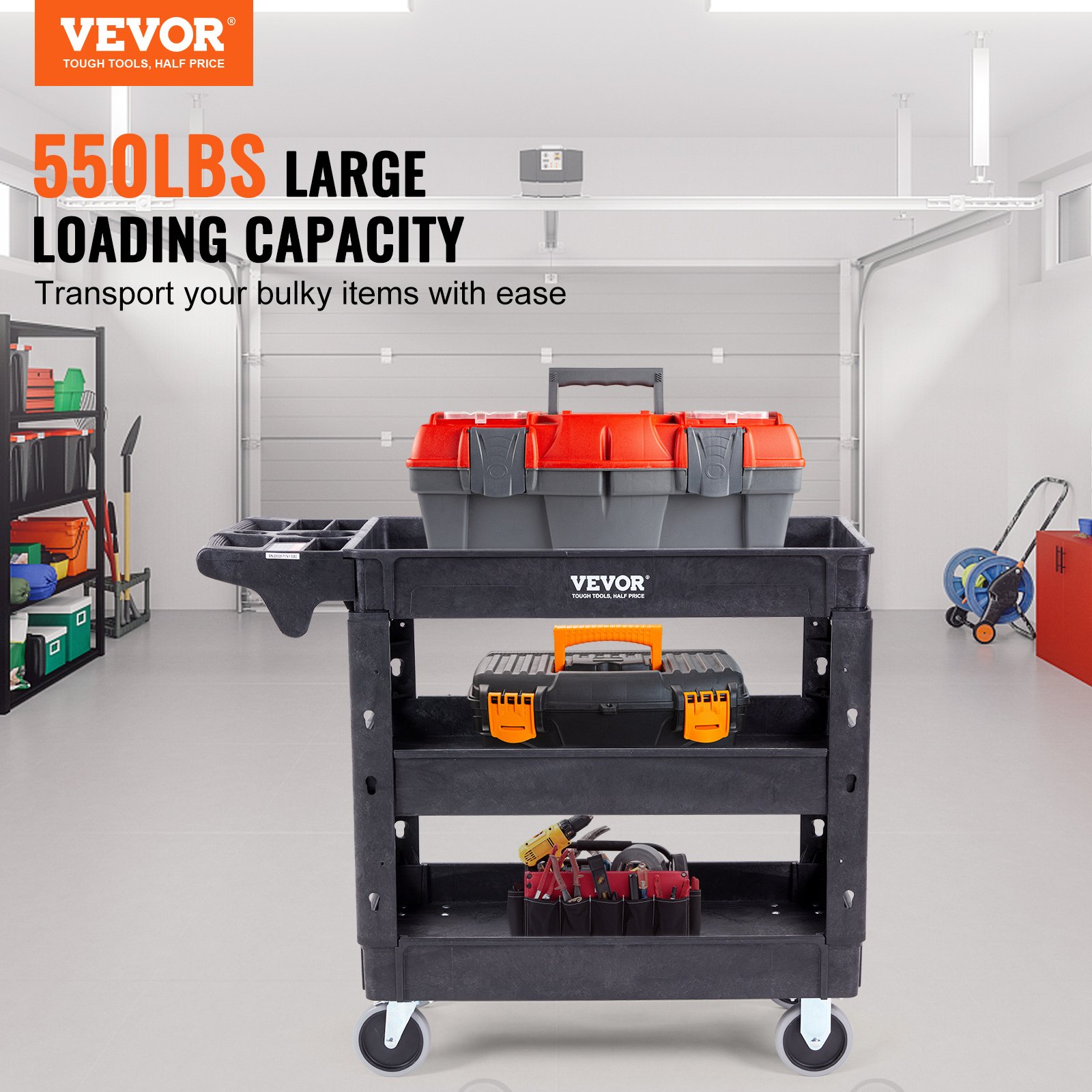 Utility Service Cart, 3 Shelf 550lbs Heavy Duty Plastic Rolling