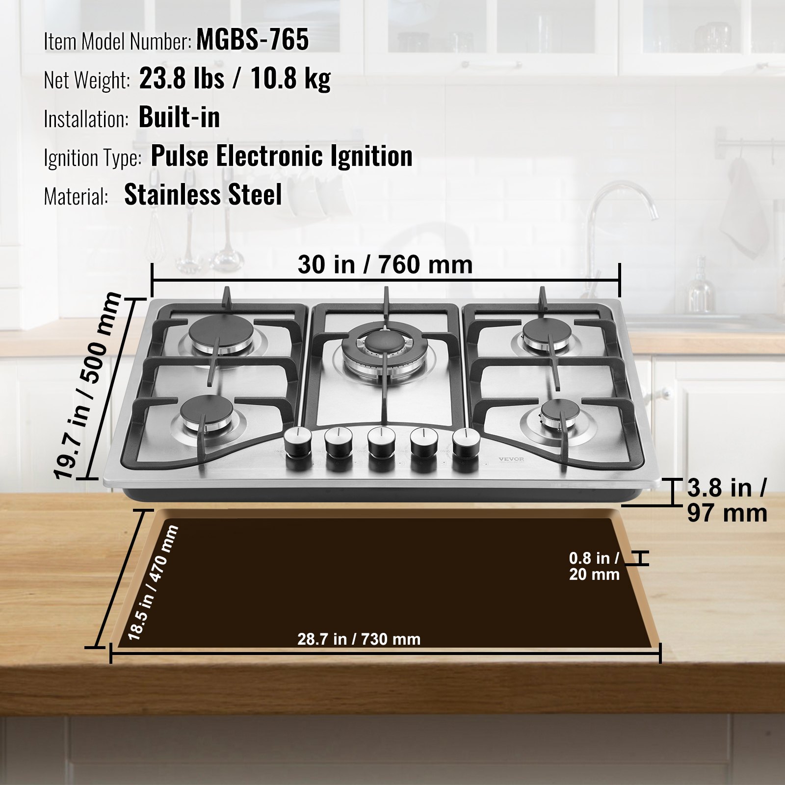 Gas Cooktop 30 Inch, Max 12250btu 5 Burners Built In Stainless