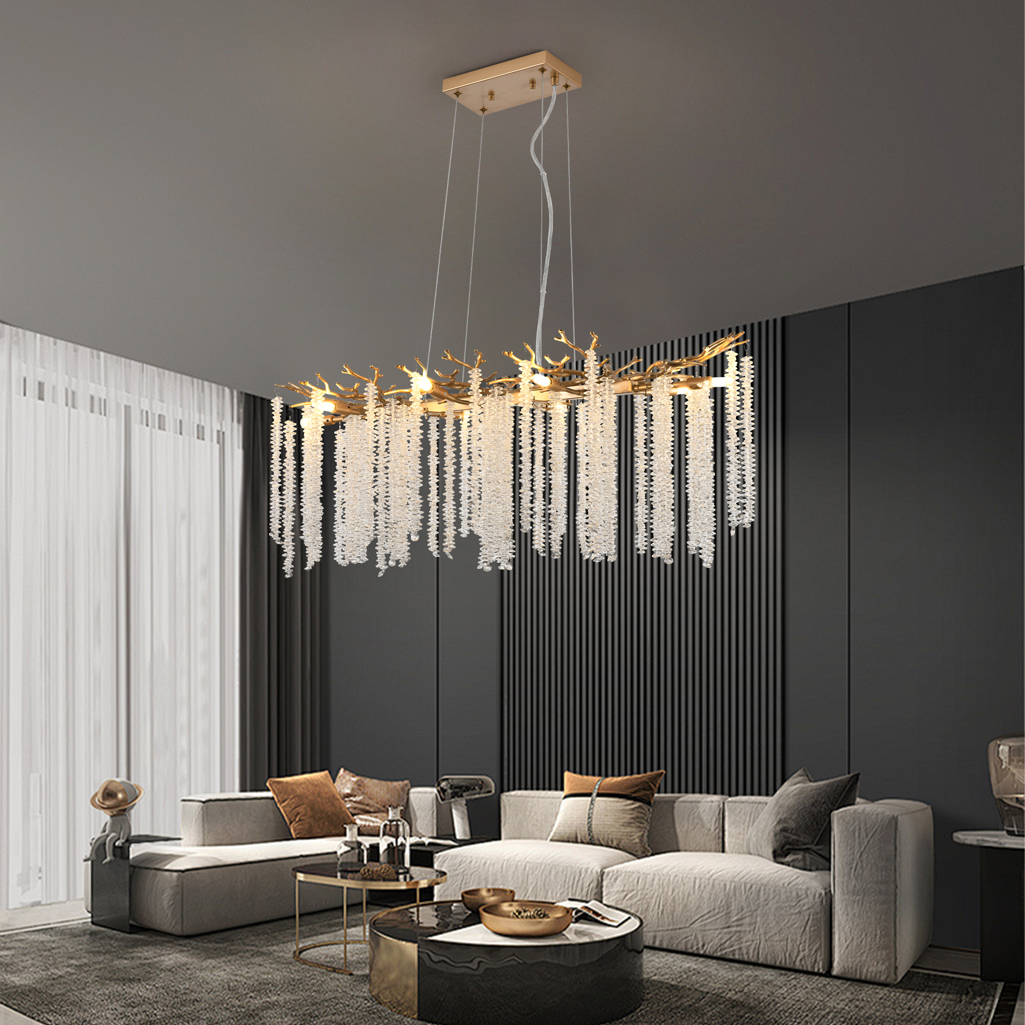 39 Inch Modern Golden Pendant Light With Cascading Crystal