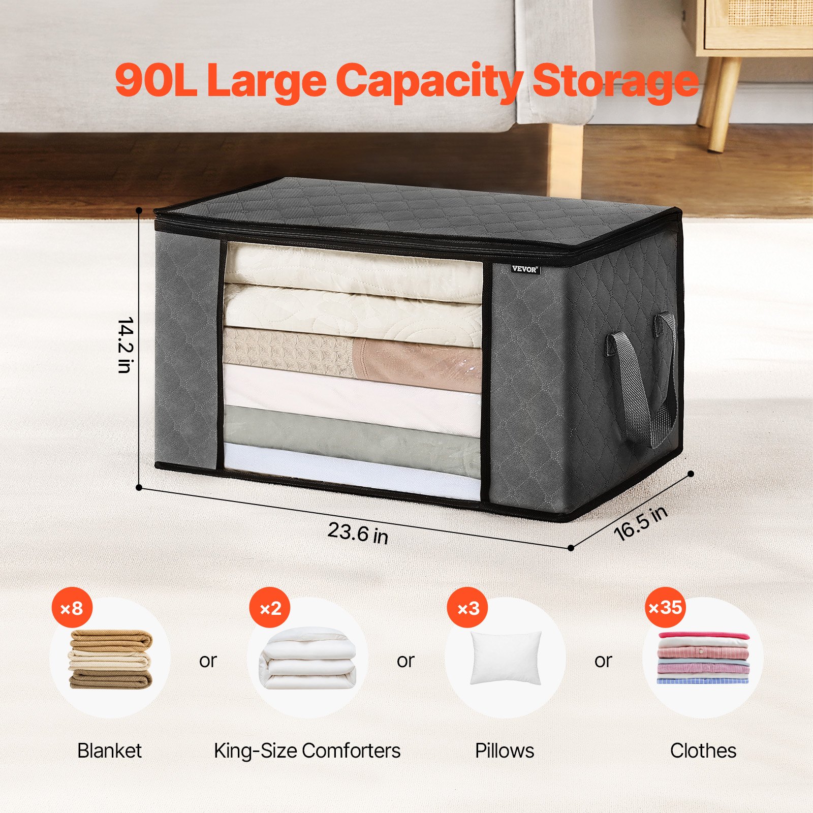 90l Large Storage Bags, 6 Pack Clothes Storage Bin, Foldable