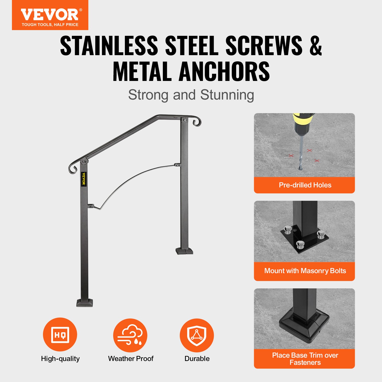 Handrails For Outdoor Steps, Fit 2 Or 3 Steps Outdoor Stair