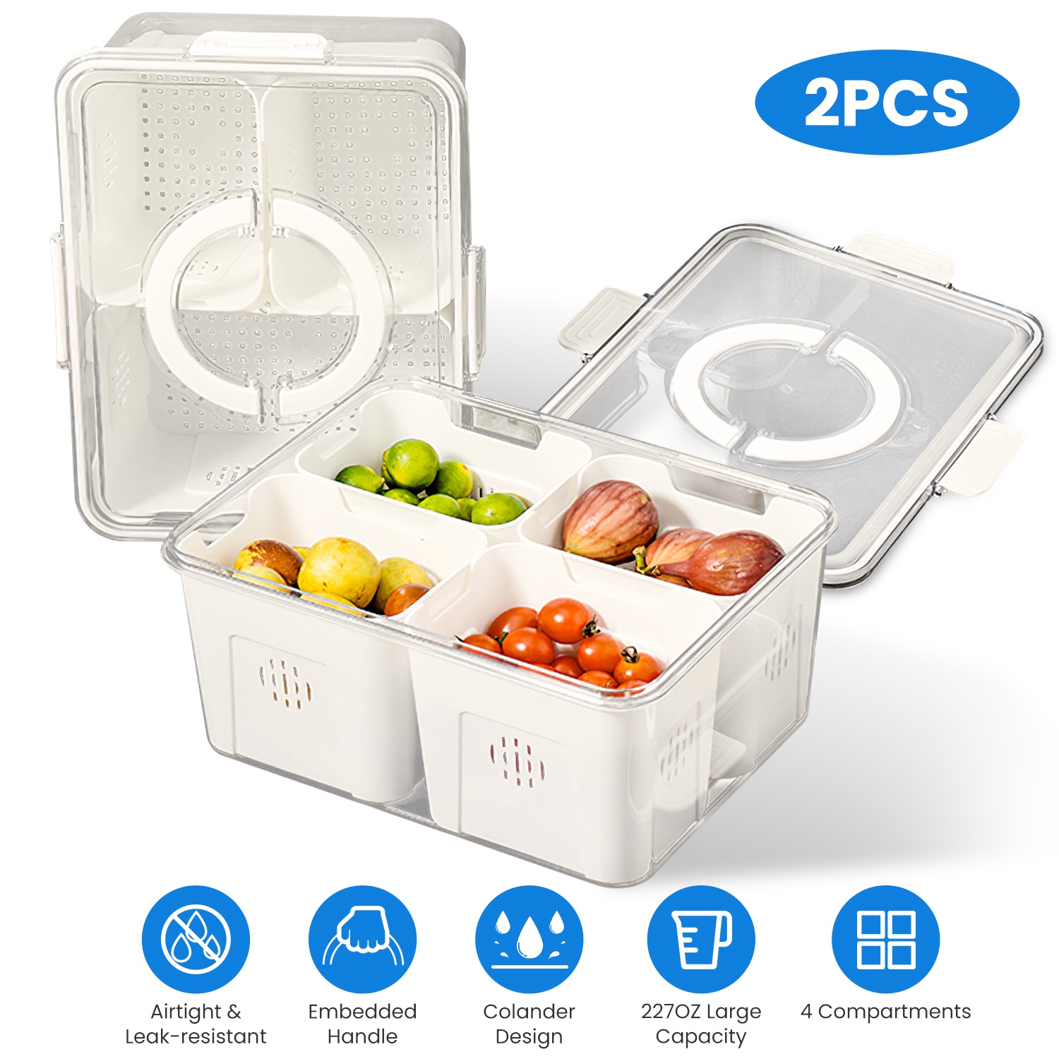 2pack Airtight Fruit Storage Containers 4 Compartment Food